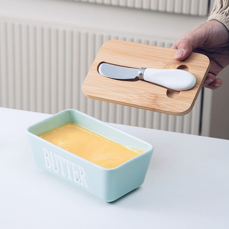 Ceramic Butter Box Rectangular Butter Sealing Box Cuttable Refrigerated Refrigerator Cheese Storage Box with Wooden Lid Butter Dish