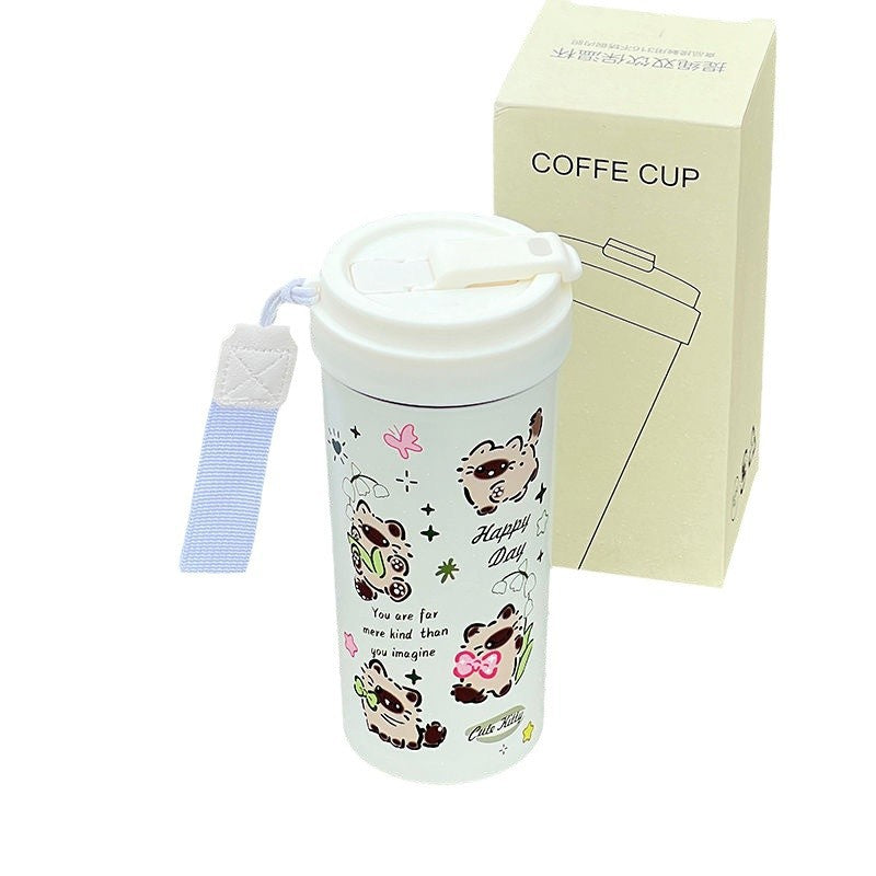 New cute thermos cup 316 stainless steel coffee cup portable double drink portable men's and women's straw accompanying cup