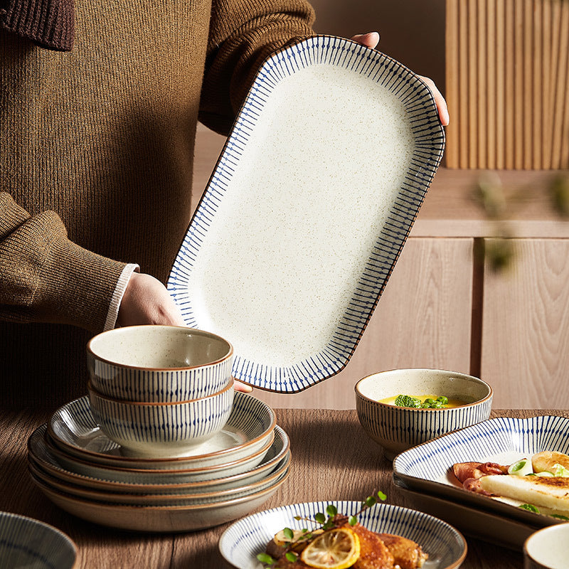Japanese Style Rice Bowl Single Plate Dish Household Vintage Ceramic Fish Plate Dishes Creative Tableware Set