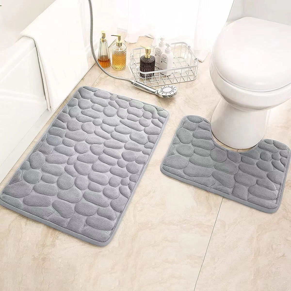 Amazon Pebble Embossed Coral Velvet Floor Mat Two-Piece Set Bathroom Absorbent Sponge Foot Mat Non-Slip Door Mat in Stock