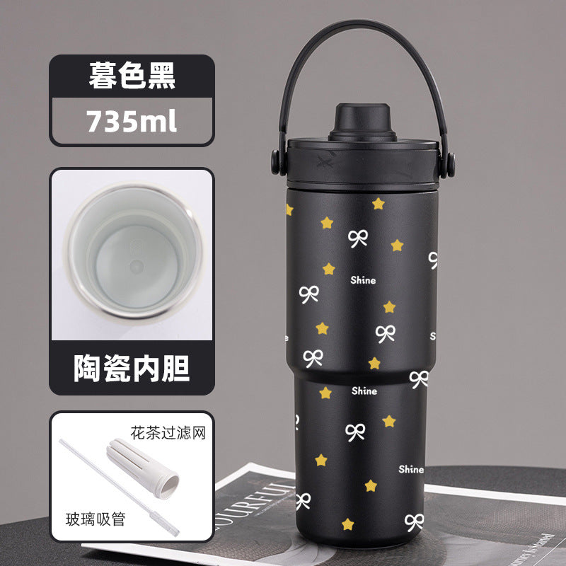 Cross-border high-value 316 stainless steel thermos cup large-capacity double-drink ceramic liner car cup portable handle cup