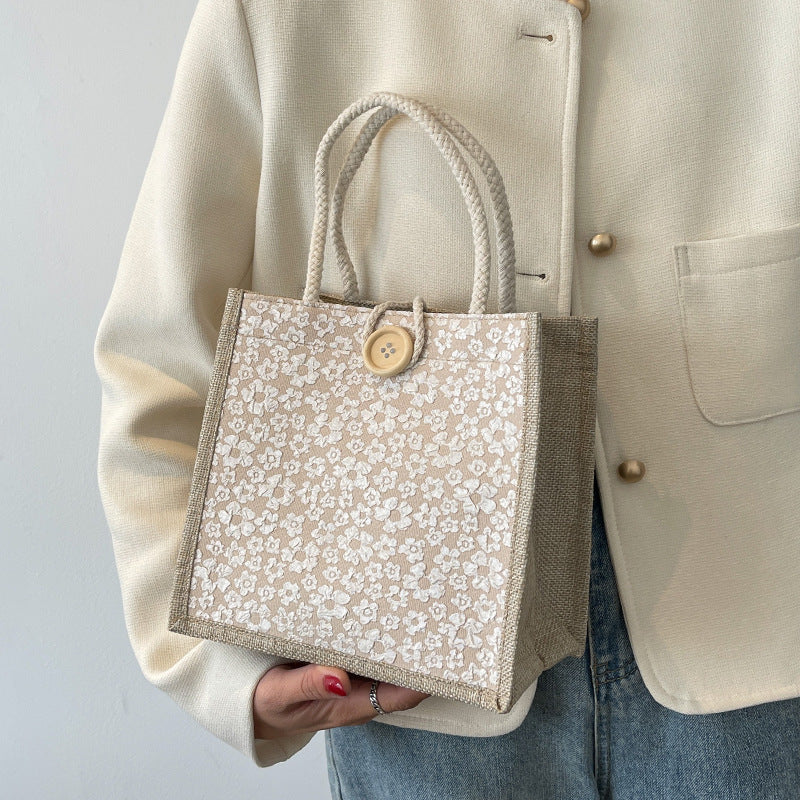Internet Celebrity Portable Linen Bag Women's 2023 Western Style Hand-Carrying Lunch Bag for Work and Going Out Japanese Style ins Small Satchel