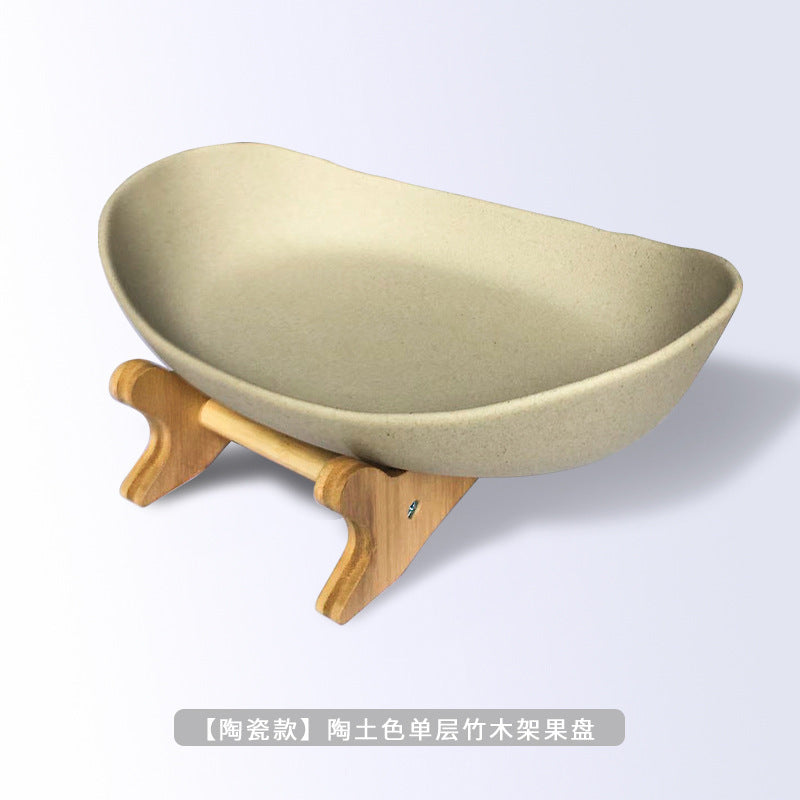 European-style three-layer ceramic dried fruit plate new creative bamboo rack multi-layer fruit plate household snack plate factory direct sales