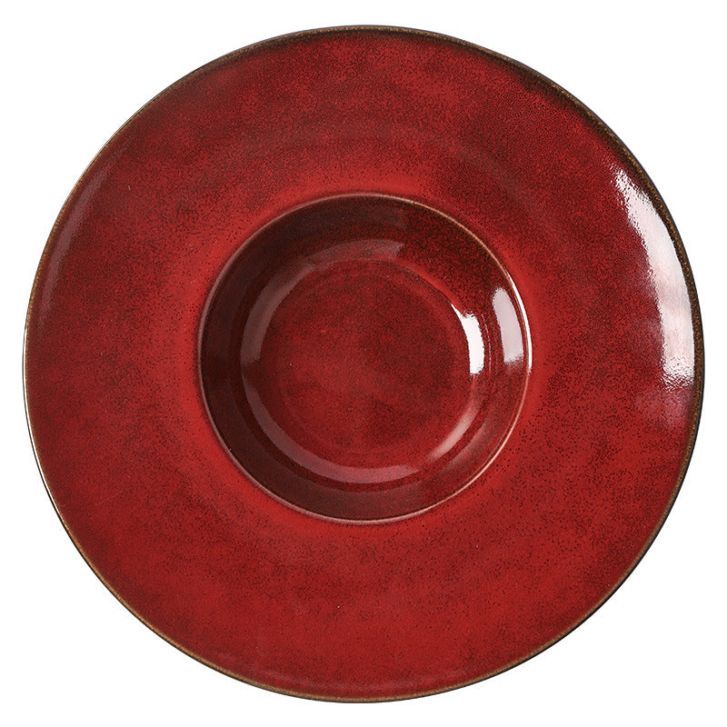 Personalized wine red ceramic restaurant hotel tableware embossed exquisite fruit pastry tray tea tray household dish salad bowl