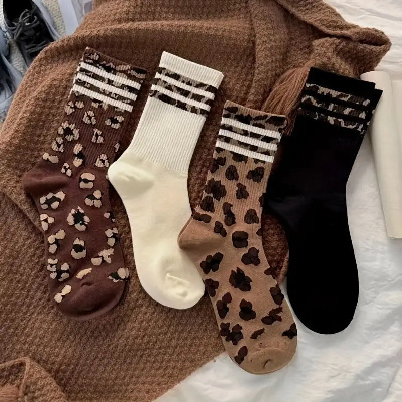 Socks Women's Mid-length Socks Spring and Autumn Korean Style Fashionable Socks Spotted Leopard Print Stockings All-match Non-slip Women's High Socks