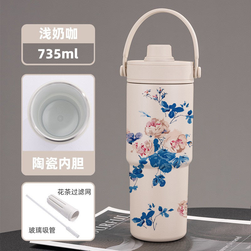 Cross-border high-value 316 stainless steel thermos cup large-capacity double-drink ceramic liner car cup portable handle cup