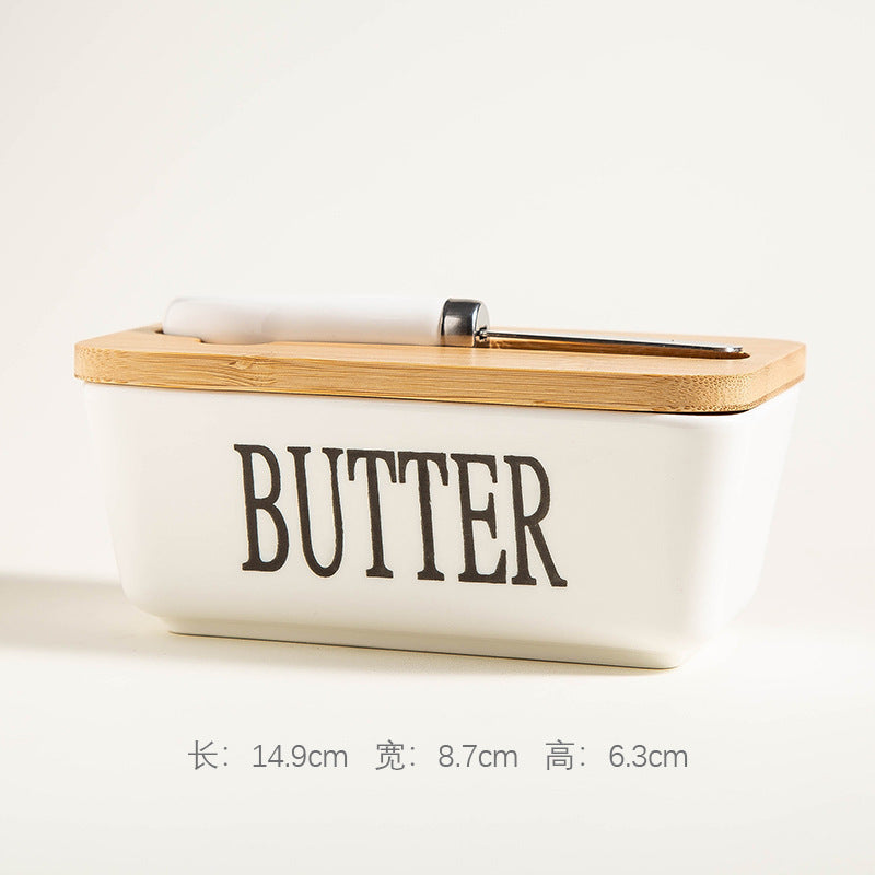 Ceramic Butter Box Rectangular Butter Sealing Box Cuttable Refrigerated Refrigerator Cheese Storage Box with Wooden Lid Butter Dish