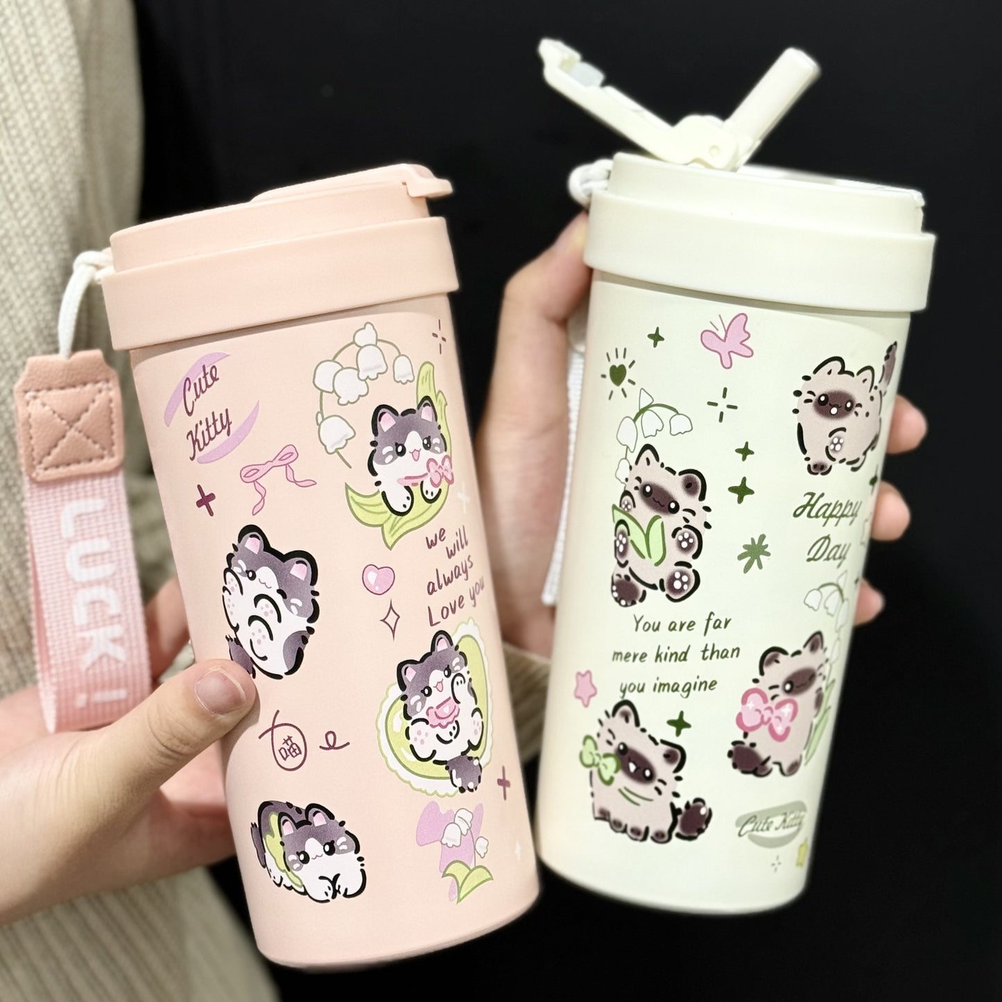 New cute thermos cup 316 stainless steel coffee cup portable double drink portable men's and women's straw accompanying cup