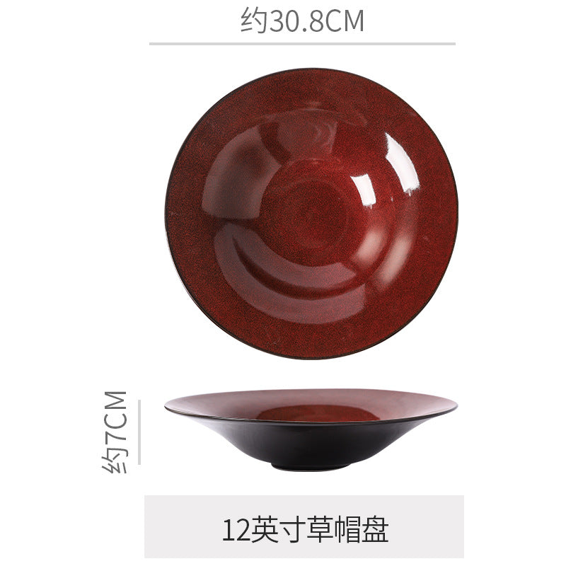 Personalized wine red ceramic restaurant hotel tableware embossed exquisite fruit pastry tray tea tray household dish salad bowl