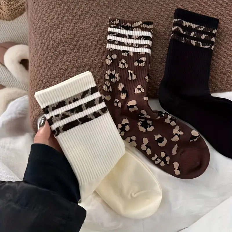 Socks Women's Mid-length Socks Spring and Autumn Korean Style Fashionable Socks Spotted Leopard Print Stockings All-match Non-slip Women's High Socks