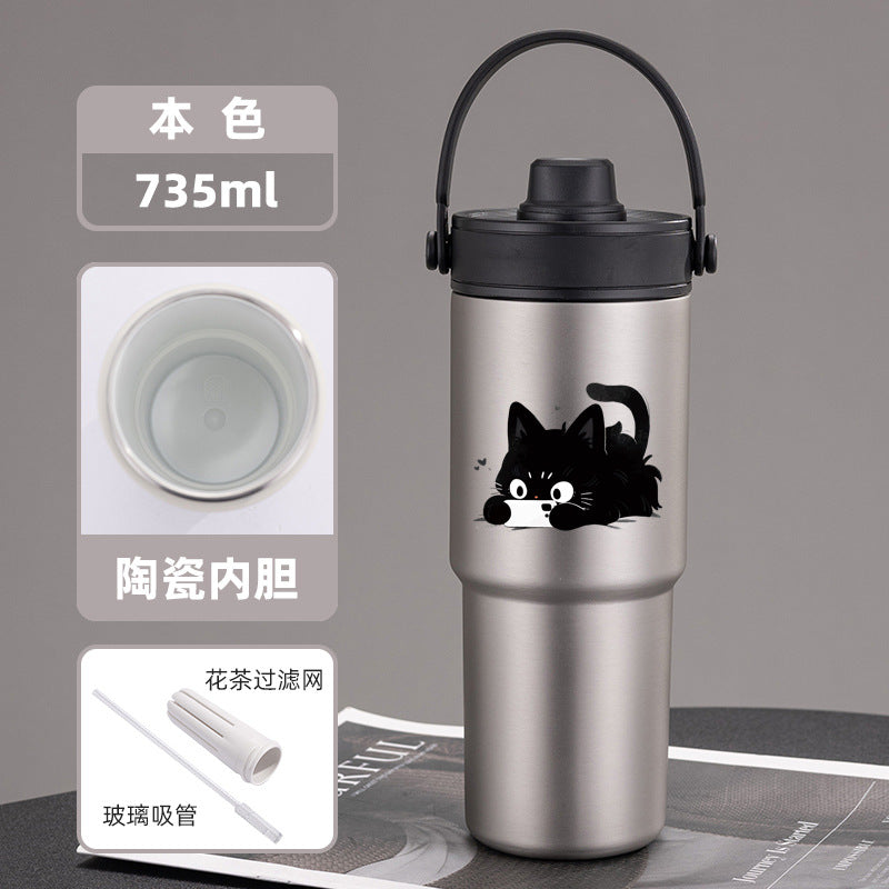 Cross-border high-value 316 stainless steel thermos cup large-capacity double-drink ceramic liner car cup portable handle cup
