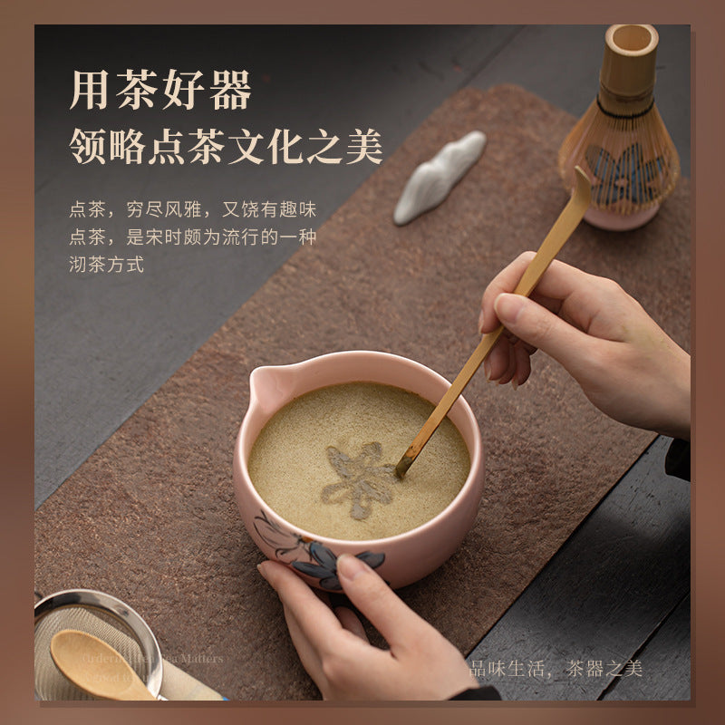 Japanese Tea Ceremony Cherry Blossom Pink Matcha Four-Piece Ceramic Matcha Bowl Tea Whisk Tea Spoon Tea Accessories