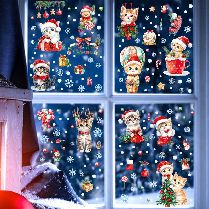 Cross Border Christmas Kitty Christmas Tree Snowflake Glass Electrostatic Sticker Holiday Party Window Decoration Self-Paste
