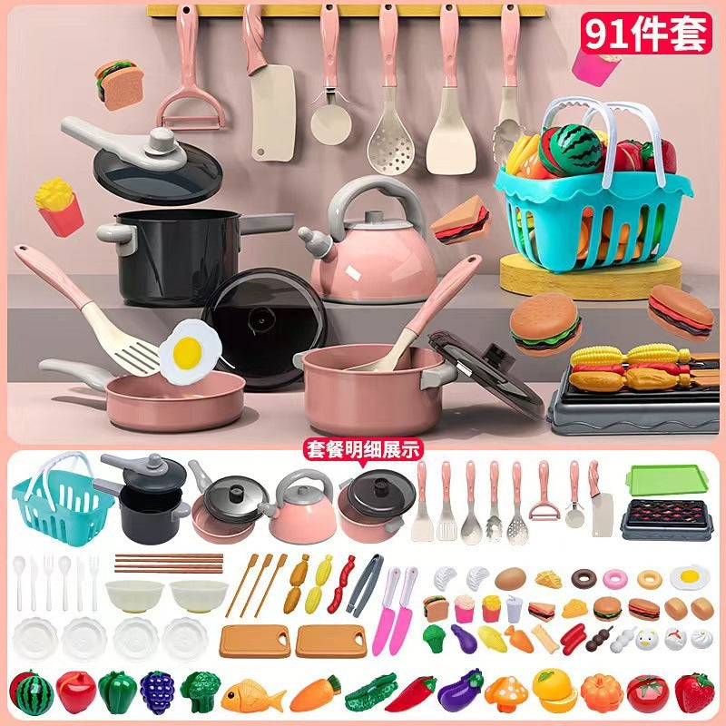 Cross-border simulation kitchenette cooking kitchenware suit fruit cutting music girls play house toys induction cooker cooking