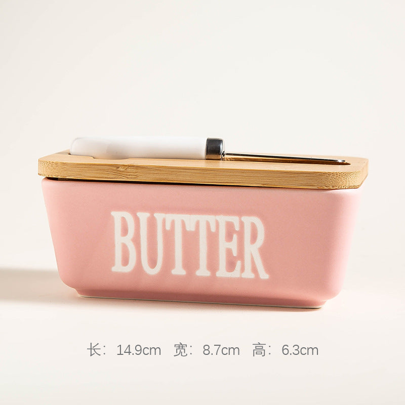 Ceramic Butter Box Rectangular Butter Sealing Box Cuttable Refrigerated Refrigerator Cheese Storage Box with Wooden Lid Butter Dish