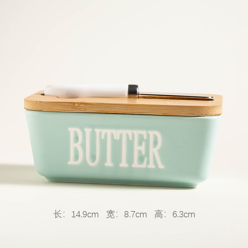 Ceramic Butter Box Rectangular Butter Sealing Box Cuttable Refrigerated Refrigerator Cheese Storage Box with Wooden Lid Butter Dish
