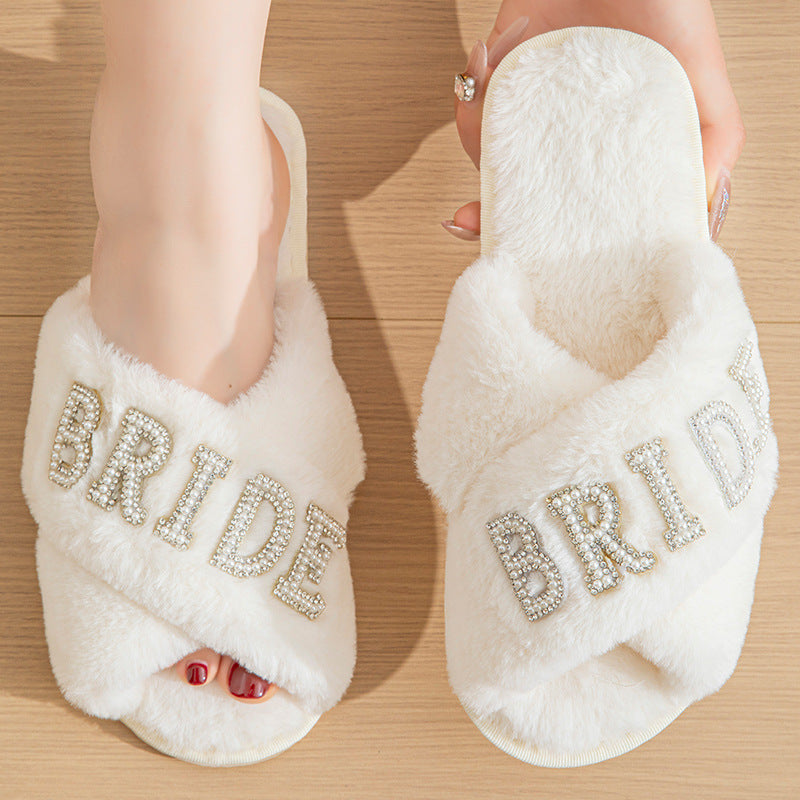 Bride Plush Slippers Cross-Border Popular Pearl Letters Bride Cross Plush Slippers Bachelor Party Wedding