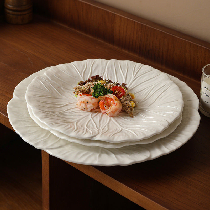 Household Dish Ceramic Plate Creative Cabbage Embossed Tableware Flower-shaped Western Food Plate Dessert Plate Restaurant Light Luxury Flat Plate