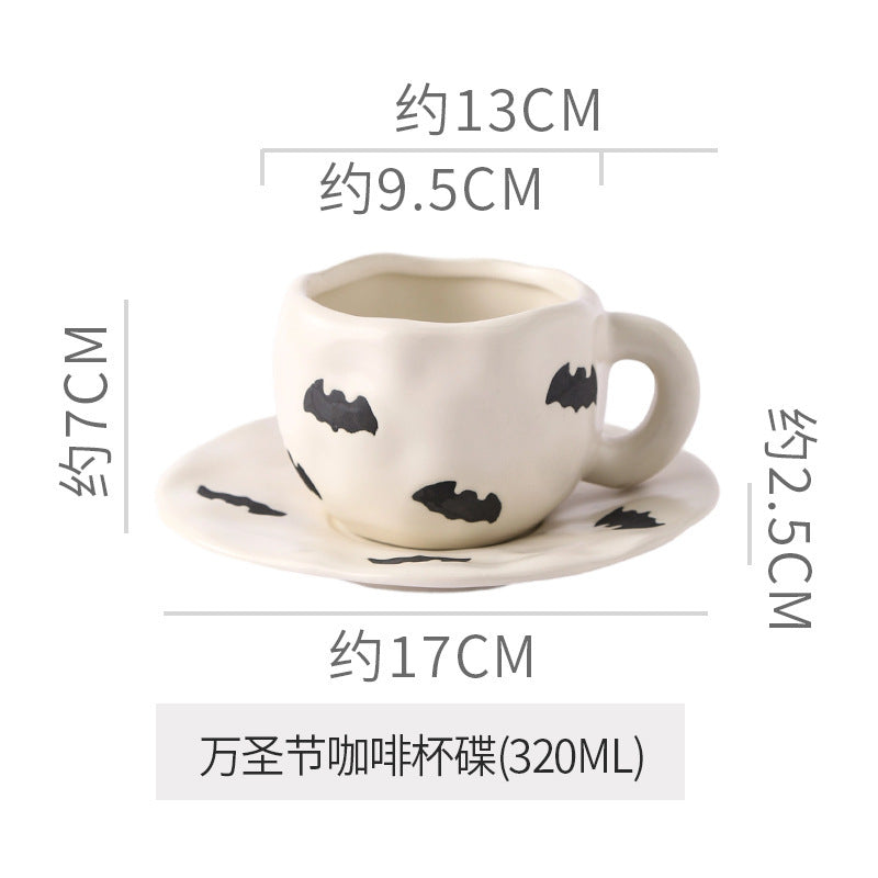 Creative Halloween-Themed Ceramic Cup and Saucer, Irregular Personalized Coffee Cup and Saucer with Pumpkin and Bat Patterns
