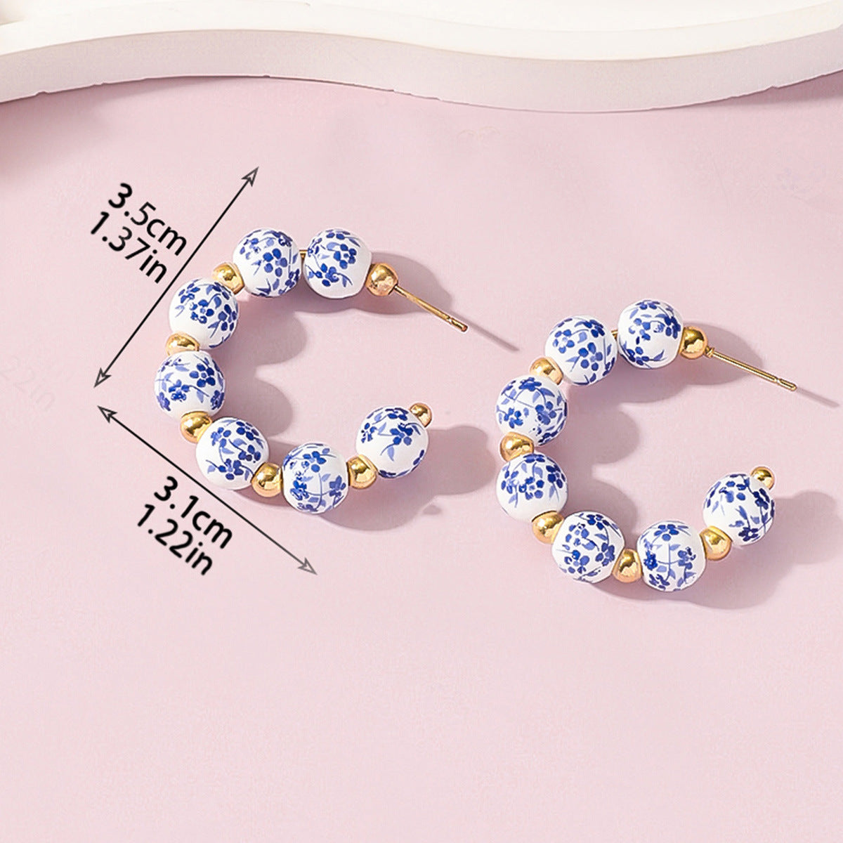 Cross-Border Hot Selling Ceramic Earrings for Women New Chinese Fashion Small Gold Bean Beads Blue and White Porcelain Semi-Circle Earrings Wholesale Supply