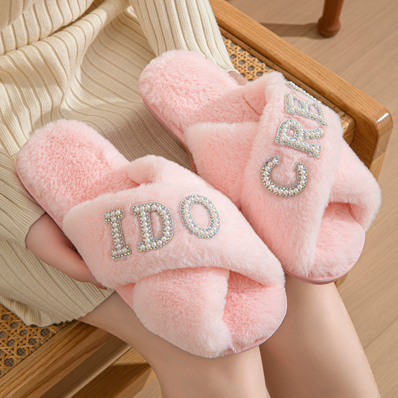 Bride Plush Slippers Cross-Border Popular Pearl Letters Bride Cross Plush Slippers Bachelor Party Wedding