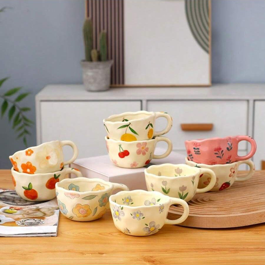 Cross-border can be labeled hair girl heart pinch strawberry fruit coffee cup afternoon tea ceramic cup cute coffee cup