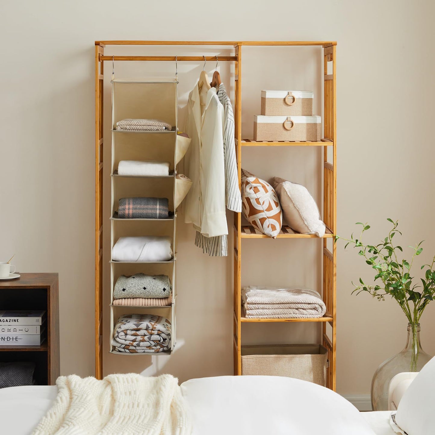 Foldable Metal Hook Velcro Bamboo Sheet Bearing Strong Multi-purpose Layered Wardrobe Finishing Storage Hanging Bag Wholesale