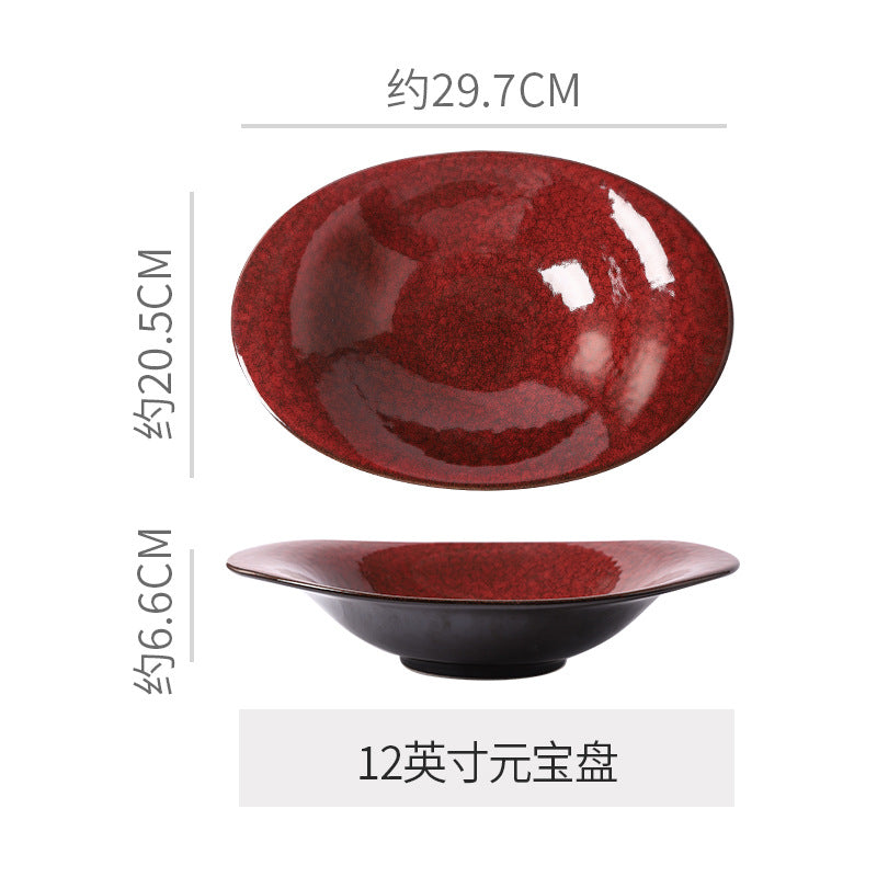 Personalized wine red ceramic restaurant hotel tableware embossed exquisite fruit pastry tray tea tray household dish salad bowl