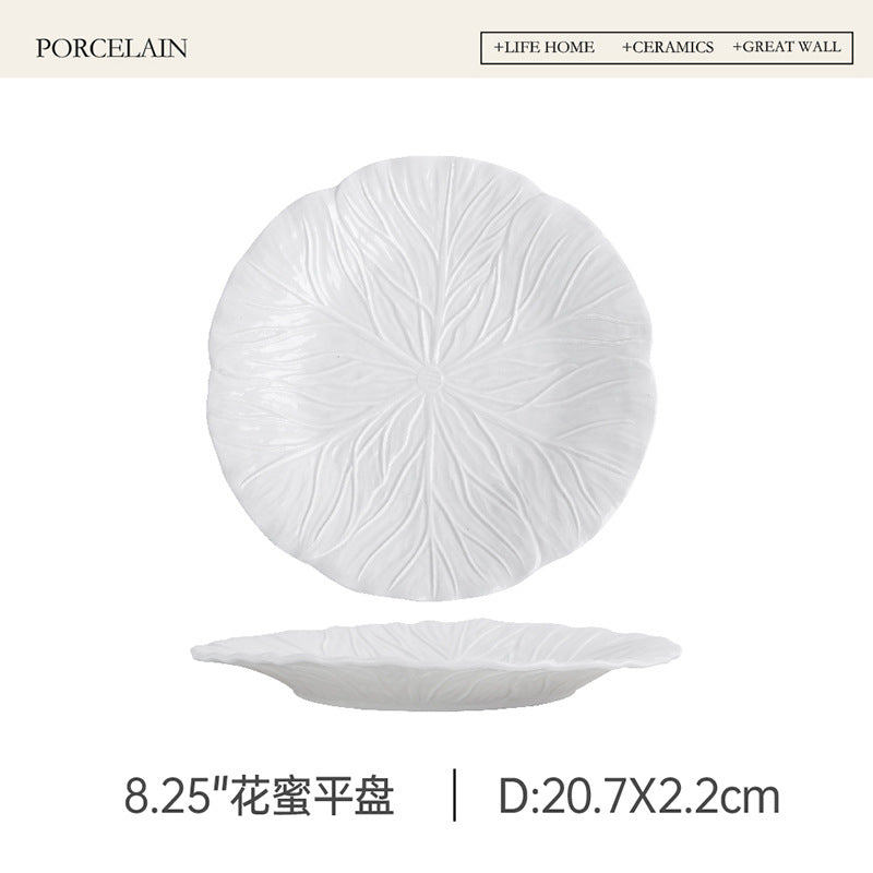 Household Dish Ceramic Plate Creative Cabbage Embossed Tableware Flower-shaped Western Food Plate Dessert Plate Restaurant Light Luxury Flat Plate