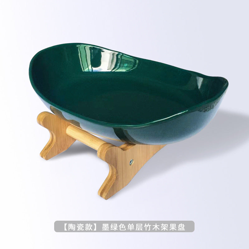 European-style three-layer ceramic dried fruit plate new creative bamboo rack multi-layer fruit plate household snack plate factory direct sales