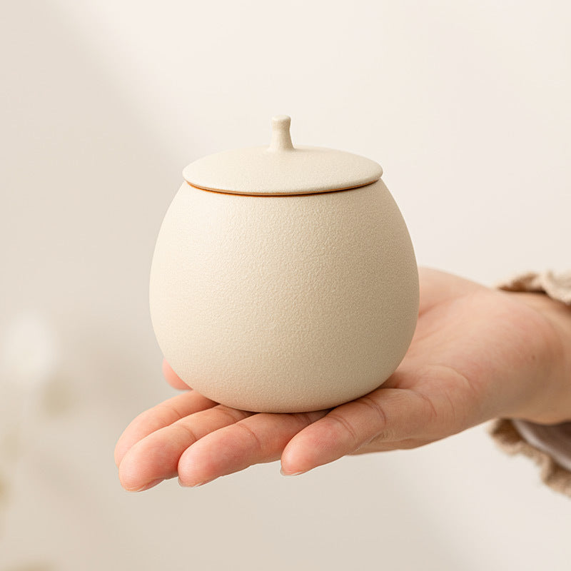 Beige Ceramic Tea Can Empty Can Small Sealed Can Household Black Tea Pu'Er Longjing Storage Tea Can Moisture-Proof Storage Can