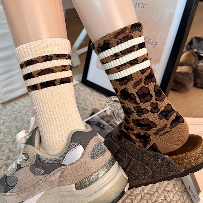Socks Women's Mid-length Socks Spring and Autumn Korean Style Fashionable Socks Spotted Leopard Print Stockings All-match Non-slip Women's High Socks