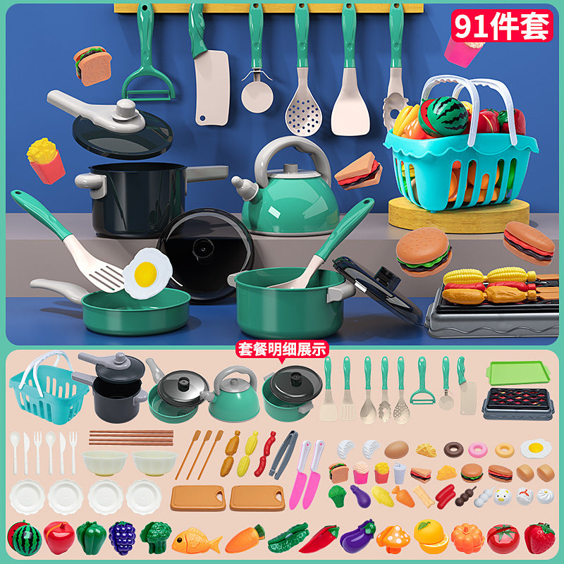 Cross-border simulation kitchenette cooking kitchenware suit fruit cutting music girls play house toys induction cooker cooking