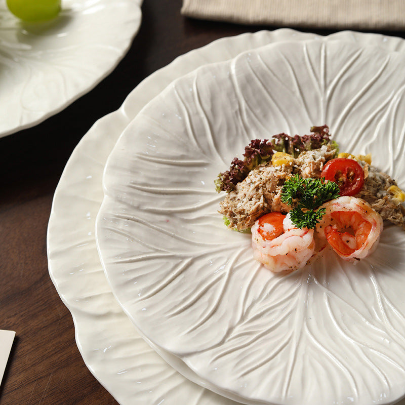 Household Dish Ceramic Plate Creative Cabbage Embossed Tableware Flower-shaped Western Food Plate Dessert Plate Restaurant Light Luxury Flat Plate