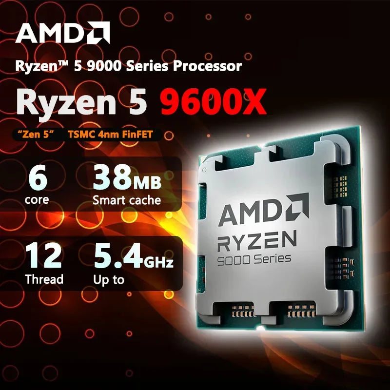 【Brand+】AMD New Ryzen 5 9600X Processor 5.4GHz 6-Core 12-Thread 38MB Game Cache 4NM TDP 65W Socket AM5 Gaming CPU Zen 5