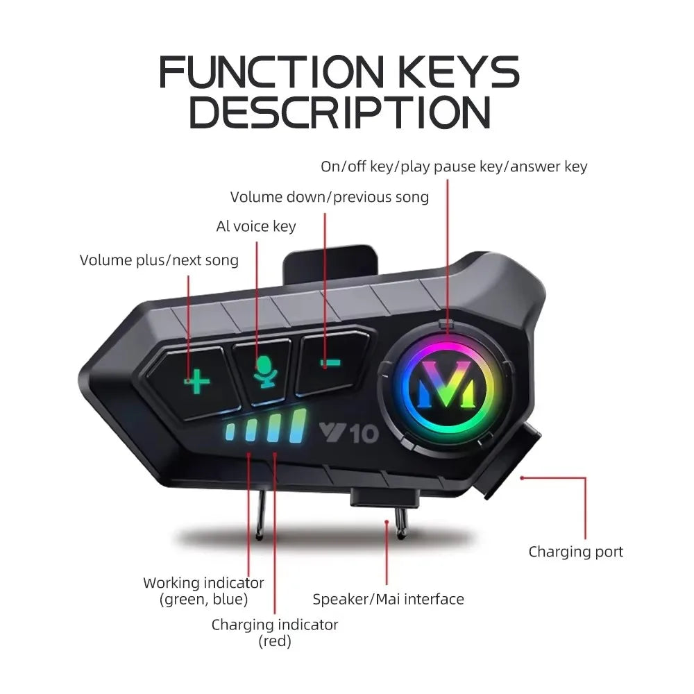 V5.3 Motorcycle Helmet Headset Bluetooth Headset Voice Control Wireless Handsfree Call  Earphone IPx6 1000mah with Ambient Light