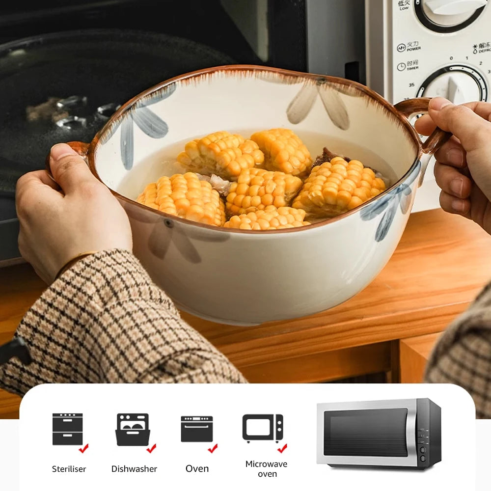1500ml Household Noodle Bowl Ceramic Soup Bowl With Handle Salad Pasta Bowl Kitchen Tableware Microwave Oven Bakware