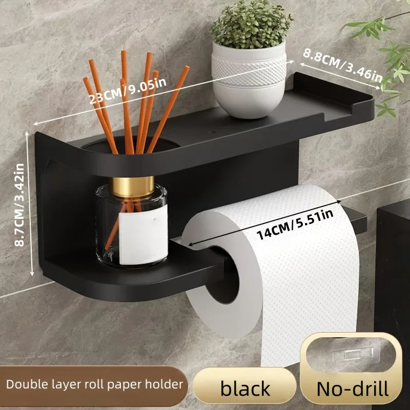 Self Adhesive Toilet Paper Holder with Phone Shelf Stainless Steel Wall Mounted Toilet Paper Roll Holder - Rustproof
