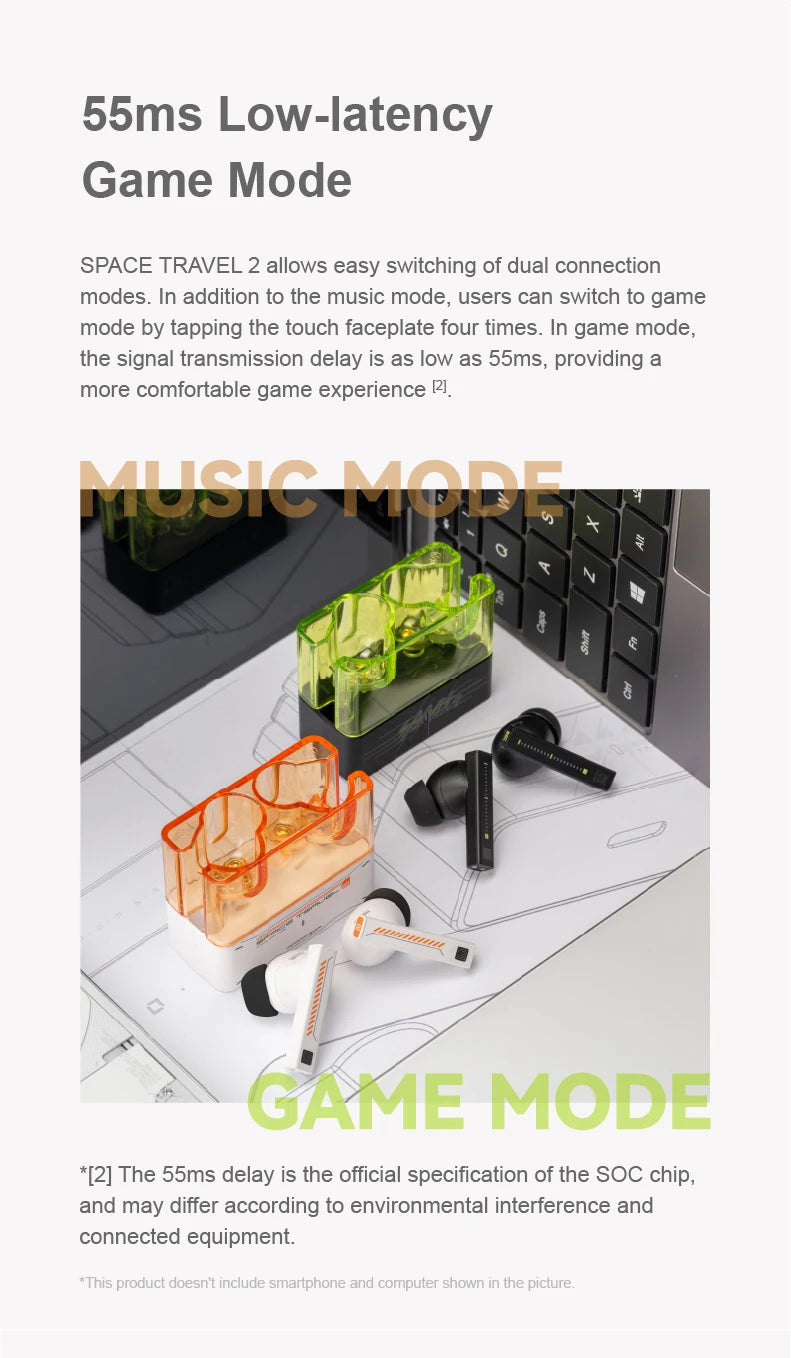 MOONDROP Space Travel 2 earphone HiFi Noise-Canceling TWS wiress Bluetooth 6.0 ANC Low-latency Game Mode SBC/AAC gaming headset
