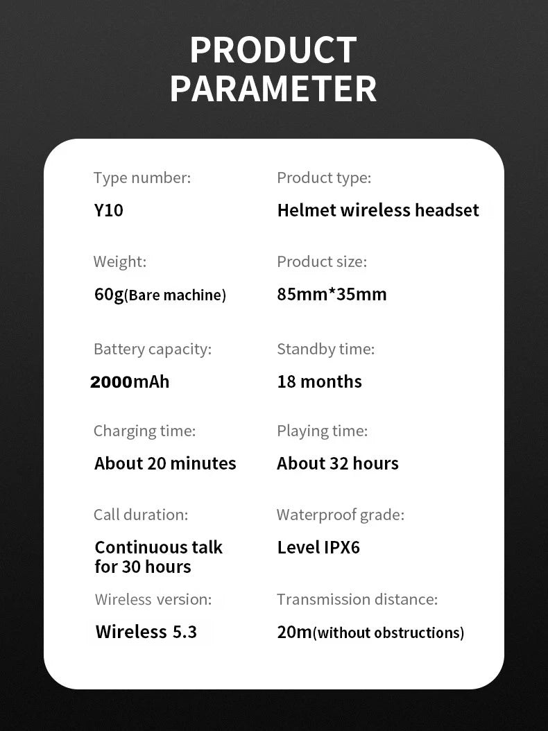 Y10 Motorcycle Helmet Headset Bluetooth 1000Mah Noise Reduction Wireless Hands-free Waterproof Motorcycle Earphone