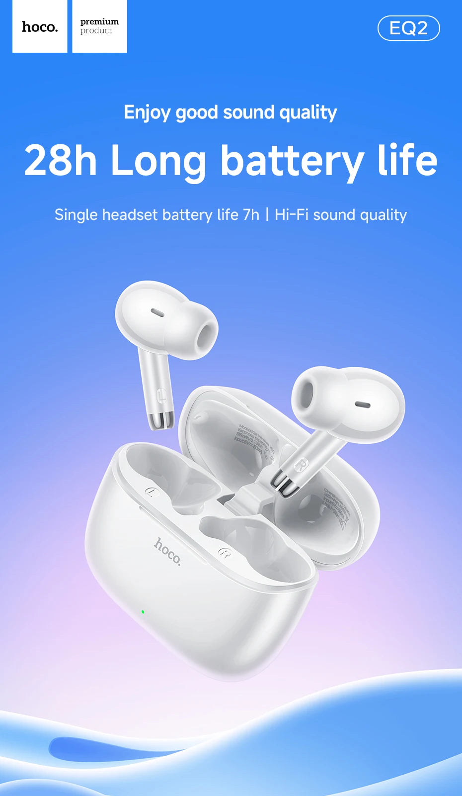 HOCO EQ2 True Wireless Bluetooth 5.3 Earbuds Touch Control Stereo In-Ear Headphones Built-In Microphone Sports Compatible