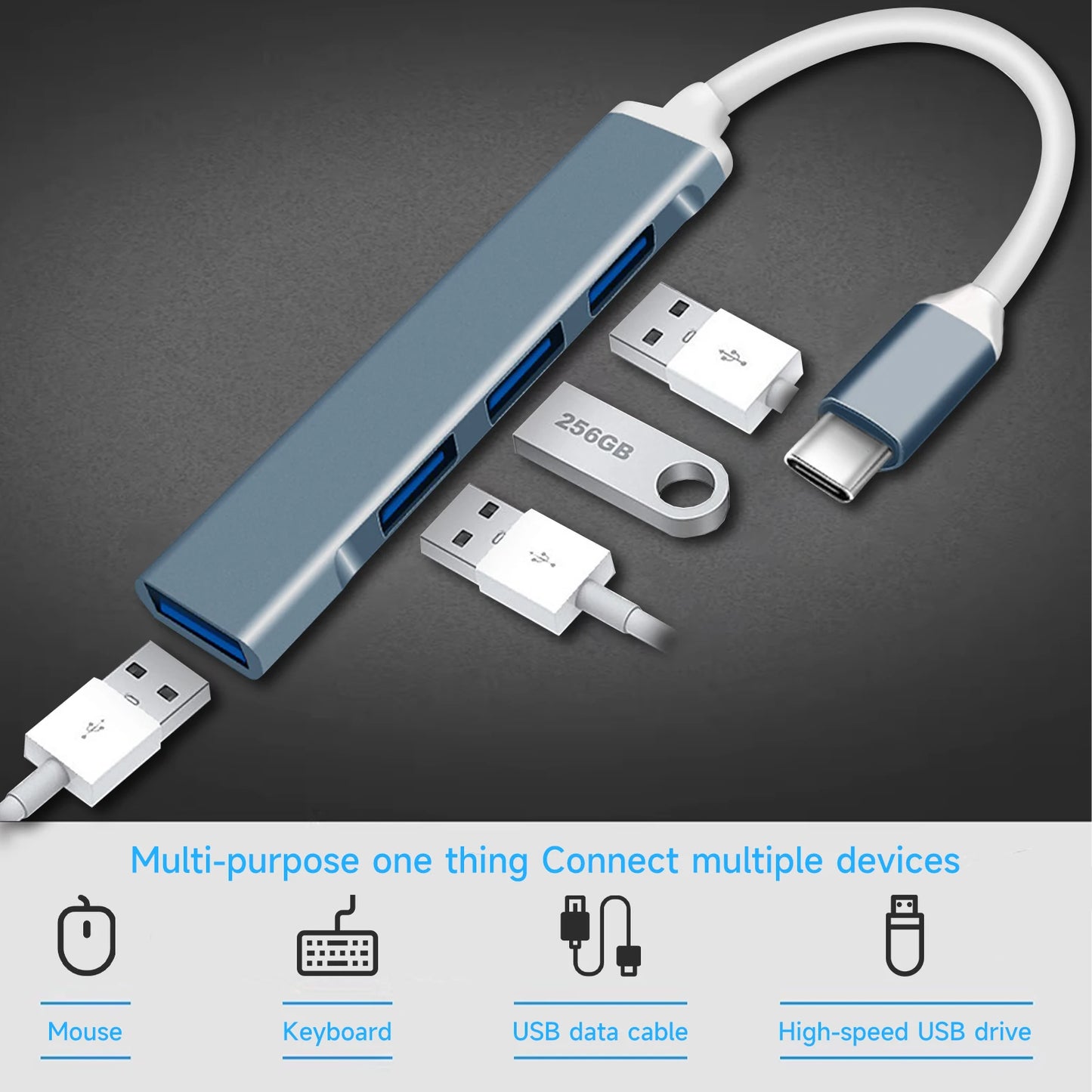 4-in-1 USB C Hub 3.0, Multi-Port OTG Adapter for Smartphones, Tablets, Laptops, Computers, Type-C Splitter