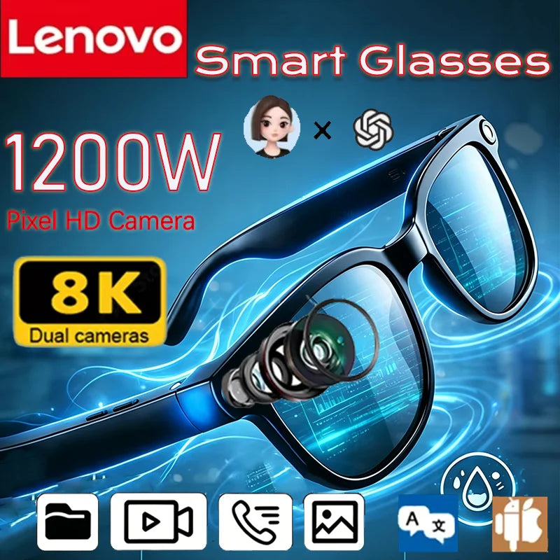 Lenovo AI Smart Wireless Glasses Bluetooth Sunglasses Remote 8K Control Touch Photo Camera Recording Voice Assistant Translator