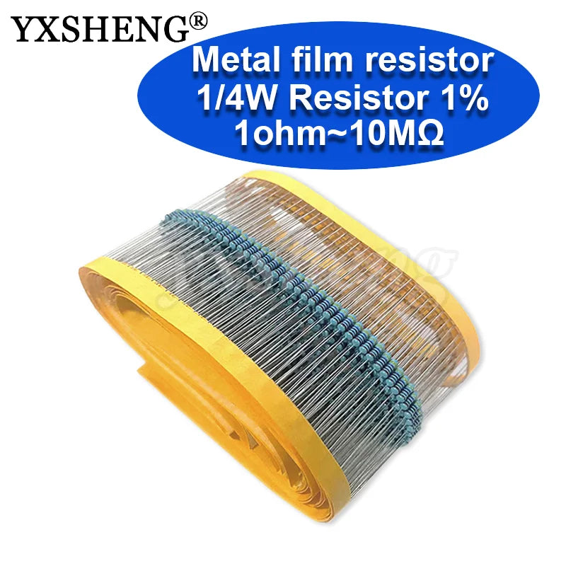 100PCS Metal Film Resistor 1/4W 1% 100R 220R 1K 1.5K 2.2K 4.7K 10K 22K 47K 100K 100 220 1K5 2K2 4K7 Ohm Resistance 1R~22M
