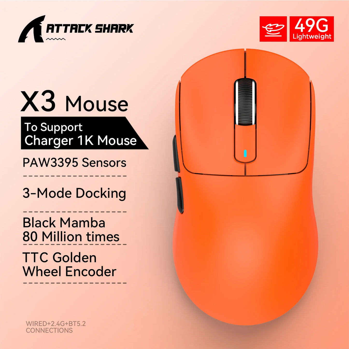 X3 ATTACK SHARK X3Pro Bluetooth Gaming Mouse PAW3395 Sensor TTC Encoder Black Mamba Switch and 1K/4K Hz for Wireless Mouse