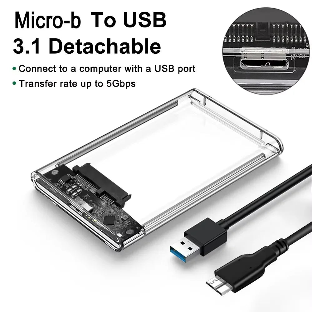 Transparent 2.5 Inch HDD Enclosure SSD SATA to USB 3.0 Type-C 3.1 Portable External Hard Drive Case Tool-Free