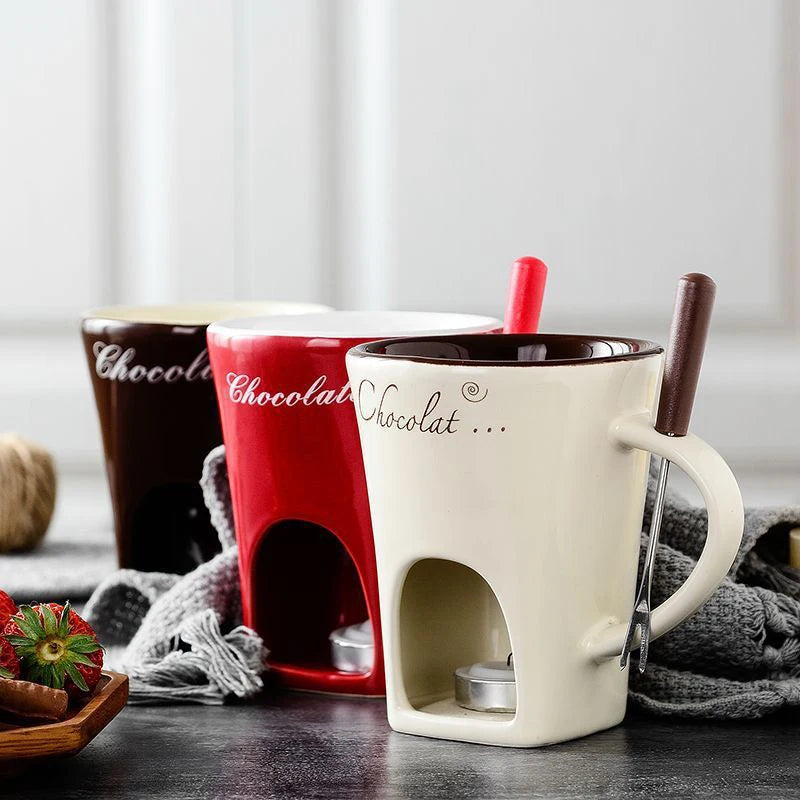 Chocolate Melting Cup,Mini Novelty Cheese Butter Simmer Mug with Fork for Home Kitchen,Creative Ceramic Coffee Mug for Gifts