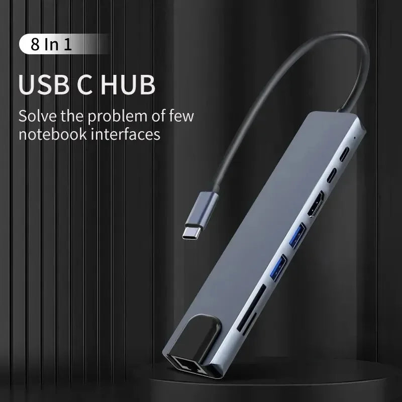 USB C Hub 8In1 7in2 7in1 Type C 3.1 To 4K HDMI Adapter with RJ45 SD/TF Card Reader PD Fast Charge for MacBook Notebook Laptop