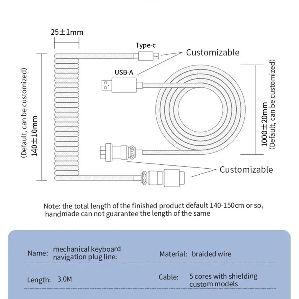 Mechanical Keyboard Coiled Cable Detachable USB C Aviator Connector Coiling Cable Desktop Computer Gaming Keyboard Accessories
