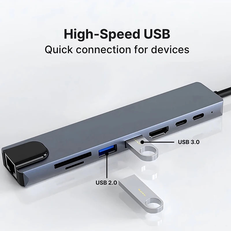 8 In1 Usb C Hub 3.0 Type C Splitter 4k Docking Station Laptop Adapter Pd Sd Tf For Macbook Air M1 Ipad Pro Rj45 Hdmi-Compatible